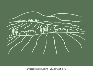 Paisagem rural. Campos de colheita panorâmica em estilo de esboço. Ilustração de arte desenhada à mão. Campo de grama verde. Vinhedo em pequenas colinas. Prado abstrato, pastos no campo, natureza. Vetor isolado