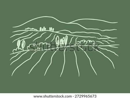 Rural landscape. Panoramic harvest fields in sketch style. Hand drawn line art Illustration. Green grass field. Vineyard on small hills. Abstract Meadow, countryside pastures, nature. Isolated vector