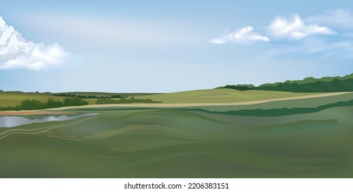 Rural landscape with panoramic skyline. Hills, meadows, trees and fields horizon. Summer nature background. Vector countryside view 