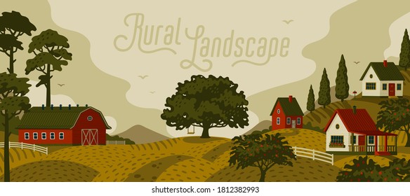 Rural landscape. Panoramic landscape with village and trees. Vector illustration in flat cartoon style