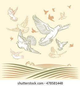 Rural landscape with pigeons flying in the sky