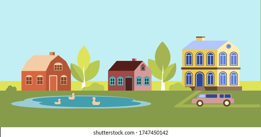 Afiche paisajístico rural con casas de madera de una planta y una casa de campo de dos plantas. Parque para el descanso en el campo. Ilustración vectorial del ocio ecológico. El contraste entre el lujo y la naturaleza.