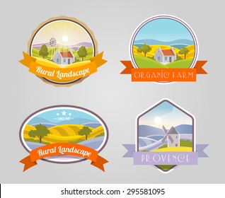 Rural landscape provence organic farm label set isolated vector illustration