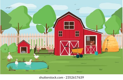 A rural landscape with a red barn, hay and a lake.  Farmstead and animals: geese, cow, pig, dog. Vector illustration.