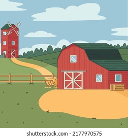 Rural landscape with red farm and barn and mill