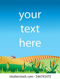 Rural landscape with red tractor. Text