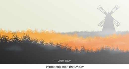 Rural landscape with retro windmill. Vector illustration