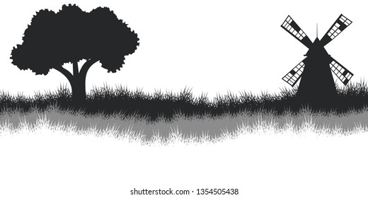 Rural landscape with retro windmill. Vector illustration