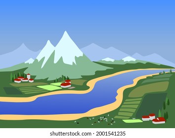 a rural landscape with a river, a village, a marble mountain, and vineyards, a great place in Italy for travel and tourism, a color vector illustration in a cartoon and flat design