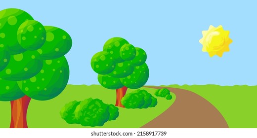 Rural landscape. Road among the summer meadow, bushes and trees