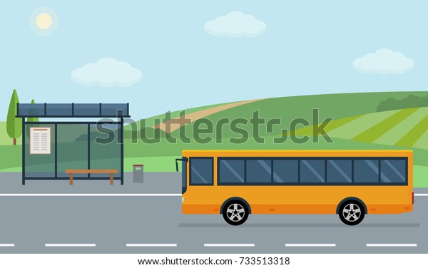 道路 バス停 移動バスのある田園風景 フラットスタイルのベクターイラスト のベクター画像素材 ロイヤリティフリー
