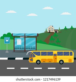 Rural landscape with road, empty bus stop and moving bus. Vector concept background or banner.