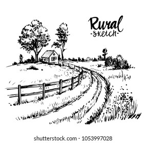 Rural landscape with road and tree. Hand drawn illustration converted to vector