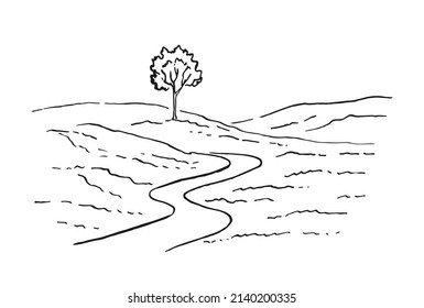 Rural landscape with road and tree. Hand drawn illustration converted to vector.