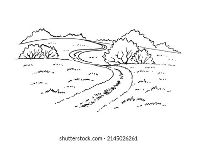 Rural landscape with road and tree. Hand drawn illustration converted to vector.