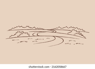 Rural landscape with road and tree. Hand drawn illustration converted to vector.