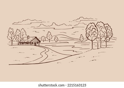 Rural landscape with road and tree. Hand drawn illustration converted to vector.