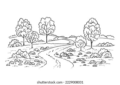 Paisaje rural con carretera y árbol. Ilustración dibujada a mano convertida en vector.