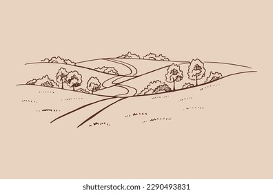 Paisaje rural con carretera y árbol. Ilustración dibujada a mano convertida en vector.