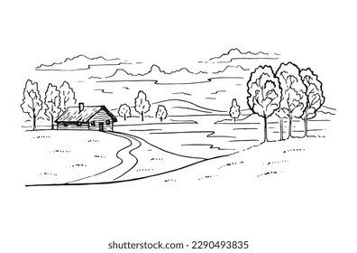 Rural landscape with road and tree. Hand drawn illustration converted to vector.