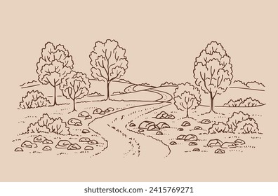 Rural landscape with road and tree. Hand drawn illustration converted to vector.