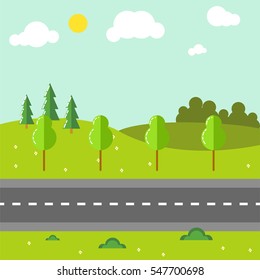 Rural landscape with road vector illustration.
