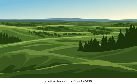 Rural landscape with rolling hills and trees