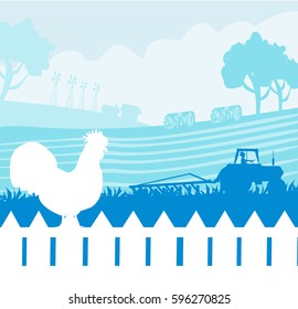 Rural landscape with roster and tractor