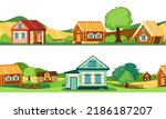 rural landscape. russian authentic backgrounds with wooden houses. Vector horizontal seamless template for game design projects