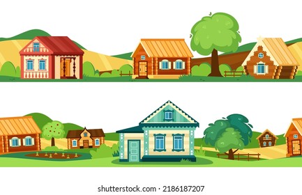 rural landscape. russian authentic backgrounds with wooden houses. Vector horizontal seamless template for game design projects