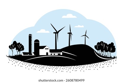 A rural landscape with a rustic house in a field. Agricultural barn, cattle pen, farmhouse with trees and vegetable garden