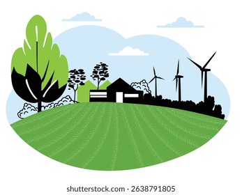 A rural landscape with a rustic house in a field. Agricultural barn, cattle pen, farmhouse with trees and vegetable garden. Hand drawn, not AI