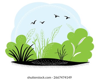 Paisagem rural. Com cenas rústicas, folhas, plantas, pássaros