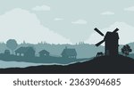 Rural landscape. Rustic silhouette. Nature scene with mill and village. Country hills panorama. Ranch horse on farm meadow. Sunset scenery of farmland. Vector illustration