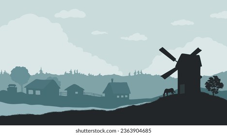 Rural landscape. Rustic silhouette. Nature scene with mill and village. Country hills panorama. Ranch horse on farm meadow. Sunset scenery of farmland. Vector illustration