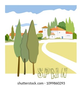rural landscape, rustic Spanish houses with tiled roofs and cypresses 