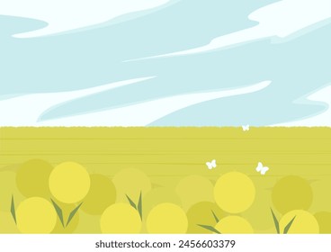 Rural landscape scene with dandelion meadow. Skyline with clouds. Alpine Field