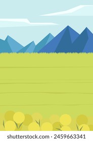 Rural landscape scene with spring meadow. Mountains with clouds. Alpine dandelion field in flat cartoon style