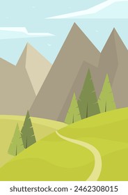 Rural landscape scene with spring meadow, mountains with clouds. Alpine fields in flat cartoon style