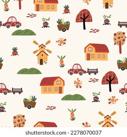 El paisaje rural es un patrón sin fisuras. Campo de fondo con casas, molino de viento, árboles y cosecha. Diseño dibujado a mano en forma de caricatura, uso para imprimir, papel pintado, ropa infantil, moda. Ilustración del vector