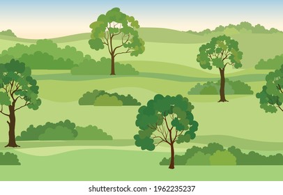 Rural landscape seamless pattern. Summer nature park repeatable
 background. Garden trees skyline view. 