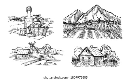 Rural landscape set. Isolated hand drawn village, farm food, house, field, olive tree grove collection. Vintage country nature, rural landscape sketch. Countryside agriculture vector illustration