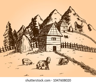 Rural landscape with sheep - hand drawn vector illustration