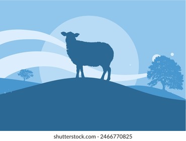 rural landscape with sheep, sheep on the hill, wool - banner, background - vector illustration