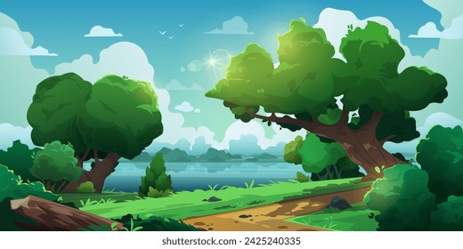 Rural landscape with shrubs. Summer panorama with grassfield and bushes, idyllic countryside with distant trees and grass. Vector illustration of summertime landscape season, summer illustration