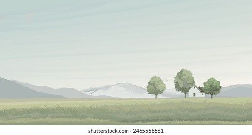 Rural landscape side view with hills, field, trees, grass, country house and mountain ranges graphic illustrated have blank space.