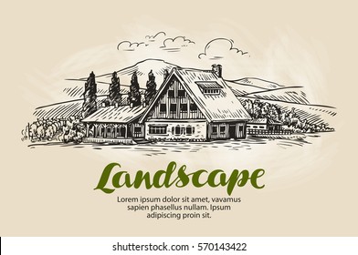 Rural landscape sketch. Farm, country house, cottage vector illustration