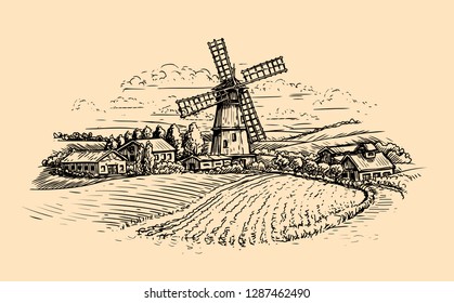 Rural landscape sketch. Farm, windmill and field. Vintage vector illustration