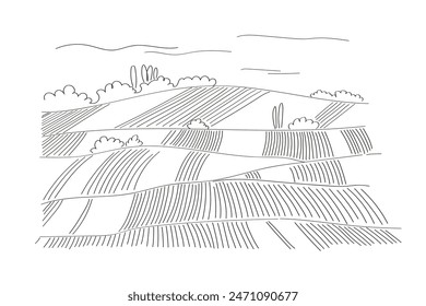 Paisaje rural bosquejar formato panorámico con campos de cosecha. Ilustración vectorial dibujada a mano en estilo minimalista de arte lineal. Campo de hierba verde, viñedo en Pequeñas colinas. Prado Abstractas, pastos del campo