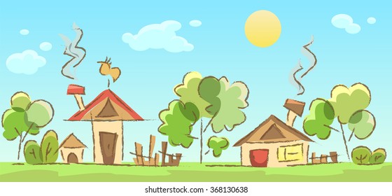 rural landscape sketch, vector illustration